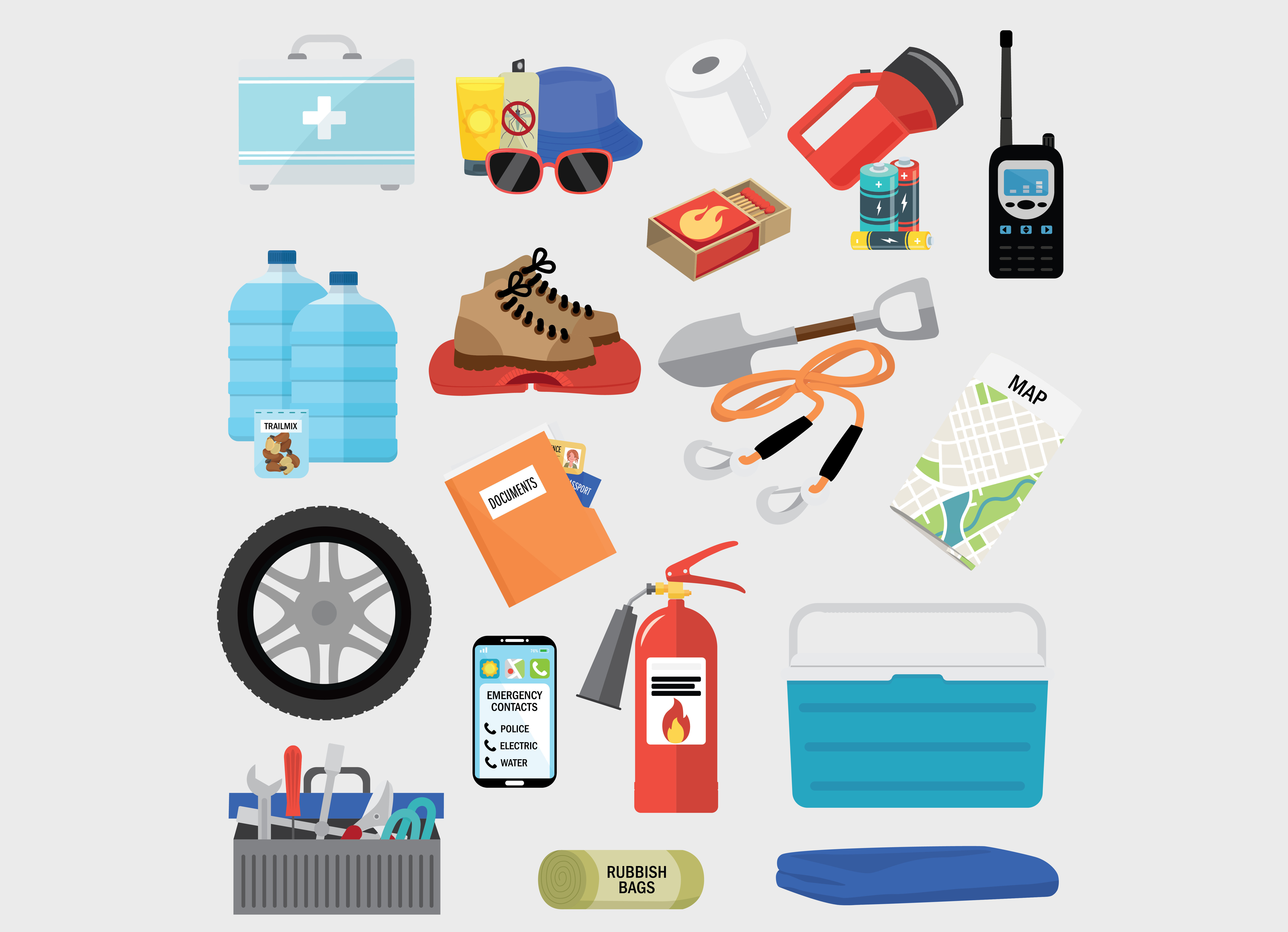 Road trip emergency kit icons