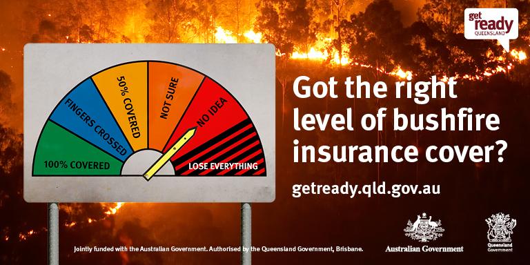 Fire danger indicator over an image of a fire line crossing through Queensland bushland. Text reads have you got the right level of bushfire insurance cover?