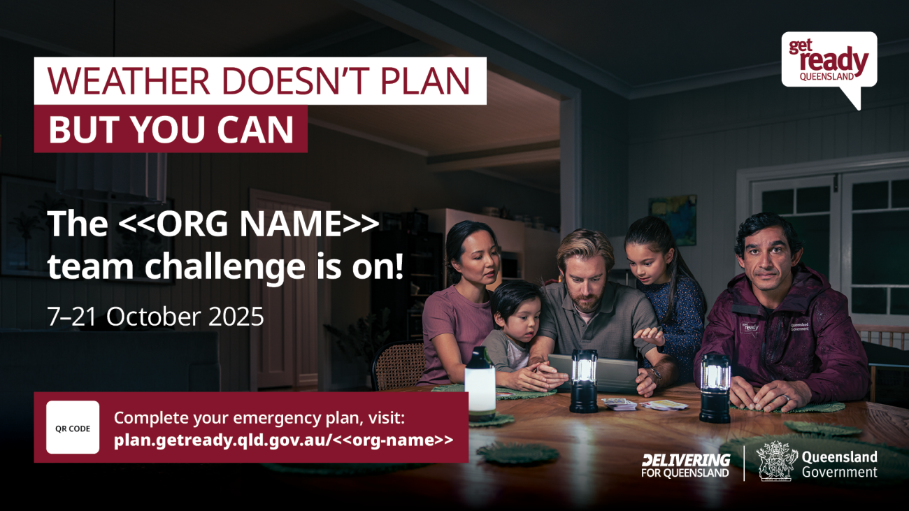 Weather Doesn't Plan Campaign Poster with picture of family sitting at table at night with battery lampslight