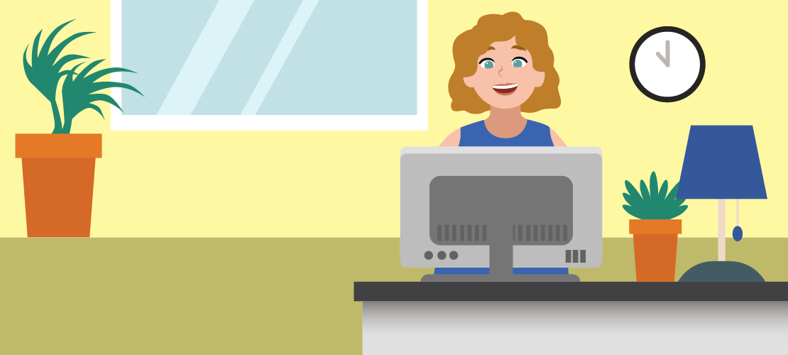 Cartoon imagery of woman on computer