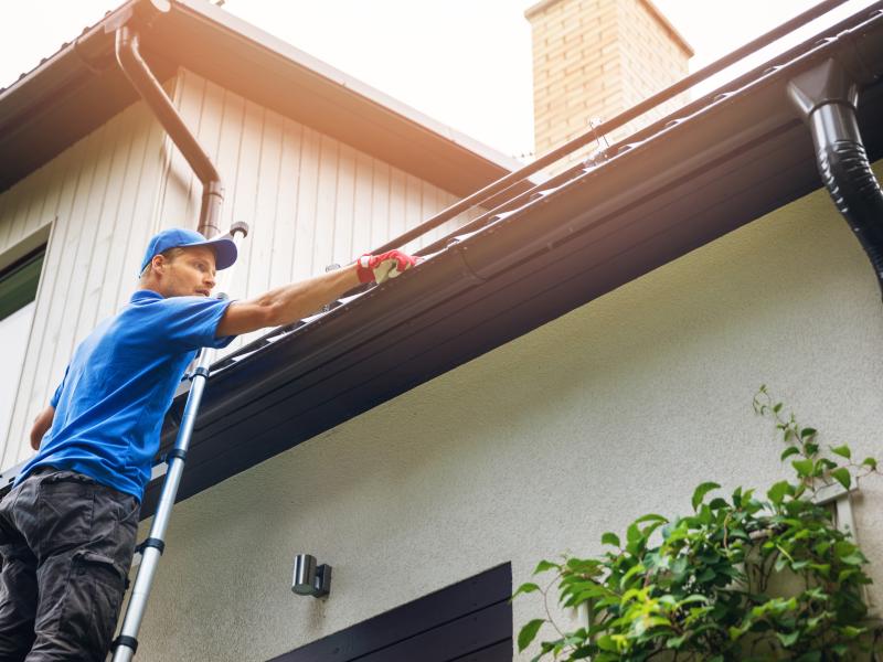 Man on ladder cleaning gutters