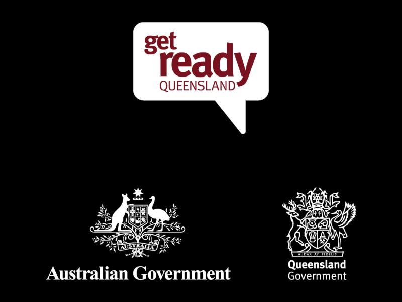 Black tile with the Get Ready Queensland speech bubble logo up the top centre. Australian Government crest on the bottom left and state government crest on the bottom right side.