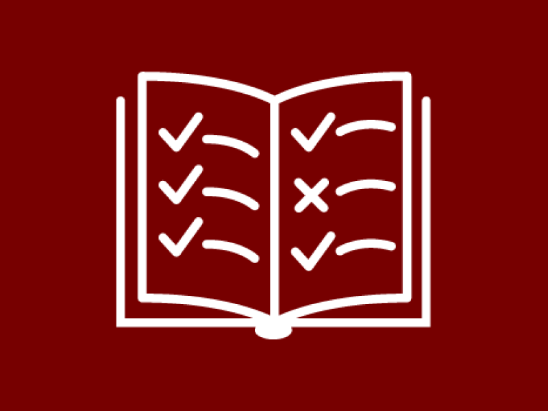 Basic white line drawing of a book open to a double page spread. Each page has three lines on it and have a tick or cross on the left side. The book is on a plain maroon background. 