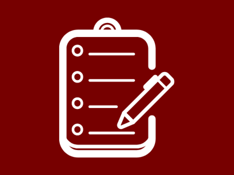 Basic white line drawing of a checklist and pen. The checklist is on a clipboard and has four lines indicating tasks. Each line has a checkbox at the start of it. The checklist is on a plain maroon background. 