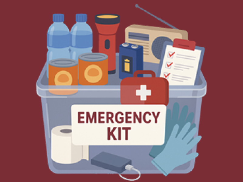 Emergency kit in a clear plastic crate including water, food, radio, first aid kit and spare batteries.